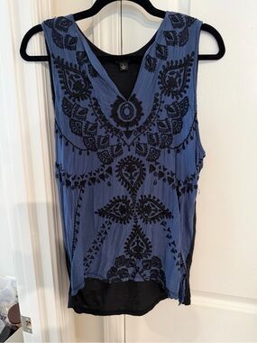 Lucky Brand Blue V-Neck Tank with Black Embroidered Motif